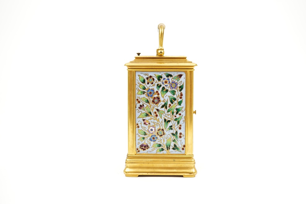 A late 19th century French Champlevé enamel repeating carriage clock